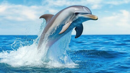 Fototapeta premium Dolphin Leaping Over Ocean Waves in Bright Sky