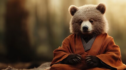 A young bear wearing a robe sits cross-legged in a meditative posture, its eyes closed in peace, amidst the ambient light of a serene forest setting.