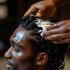 Naklejka premium Nourishing Hair Care Routine for Black Men's Curly Hair with Relaxation and Scalp Massage Techniques