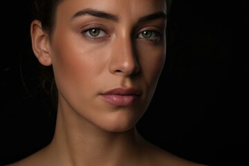 Fototapeta premium A Woman's Portraiture in Shadowy Serenity: Capturing Her Green Gaze and Quiet Intensity with Soft Lighting and Elegance