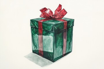 Obraz premium Beautiful hand-drawn of green gift box with red ribbon