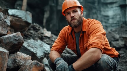 A rugged construction worker in an orange uniform, surrounded by rocks in a quarry, embodies resilience and hard work, highlighting industrial strength and perseverance.