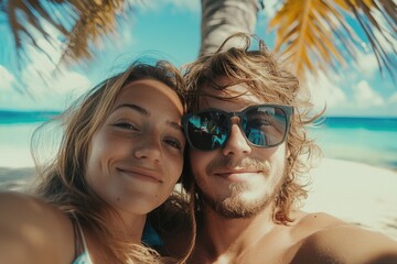Obraz premium Couple taking selfie on beach