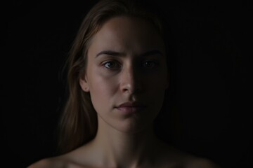 Fototapeta premium Young girl isolated in darkness deep thoughts intense gaze contemplation innocence struggle hope melancholy shadows