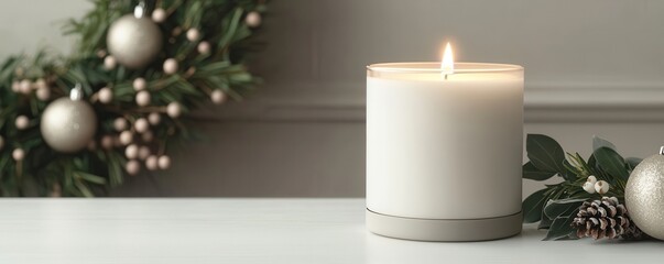 Serene candle glowing beside Christmas wreath, creating a cozy holiday ambiance.