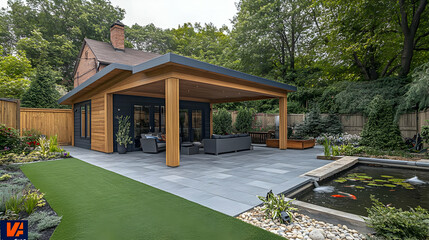 Modern Backyard Patio Design with Covered Pergola and Pond - Photo