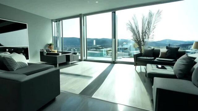 Modern minimalist living room interior with grey sofas, large panoramic windows offering a scenic view of mountains and cityscape under natural daylight