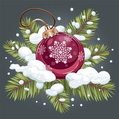 Christmas ball toy. A vibrant holiday wreath featuring fir tree branches and snow arranged for festive decoration during winter