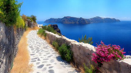 Obraz premium Stone Path Leading to a Cliffside View of the Ocean - Illustration