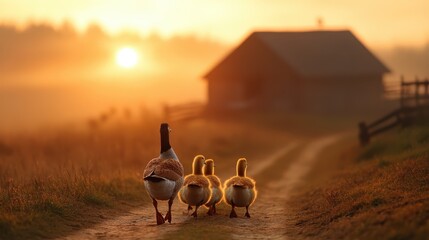 A flock of geese walking along a rural path into the warmth of a glowing sunrise, illustrating the themes of unity, hope, and new beginnings in natural life.