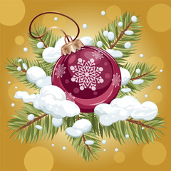 Christmas ball toy. A vibrant holiday wreath featuring fir tree branches and snow arranged for festive decoration during winter