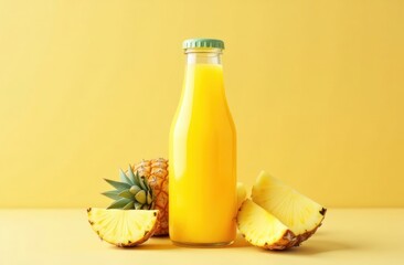 Pineapple Juice Bottle with Fresh Pineapple Slices Against Vibrant Yellow Background