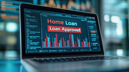 A laptop displays a financial dashboard with a "Loan Approved" message and graphical data on home loans and market trends.