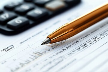 A close-up of a golden pen resting on financial documents next to a calculator, symbolizing accounting or budgeting activities.