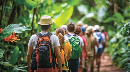 Fototapeta premium A guide leads a group through tropical jungles, pointing out rare plants and birds.