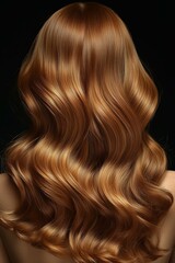 Naklejka premium Glossy light brown hair in wavy strands, dark background.