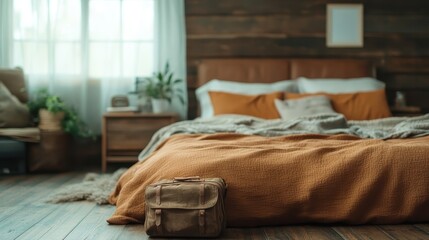 A serene bedroom setting featuring a neatly made bed with earthy-colored blankets and a vintage travel suitcase placed in front, evoking relaxation and wanderlust.