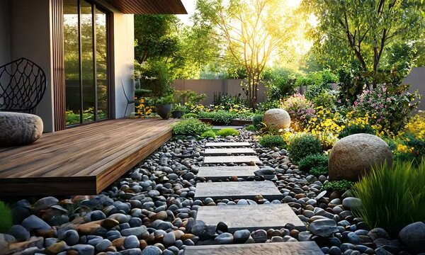 Serene garden pathway with stones, plants, and sunlight.