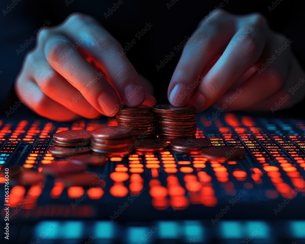 Poster hands counting coins on a digital display, illustrating finance and investment concepts.