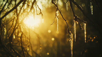 Icicles glisten in the serene winter sunlight, hanging from bare branches at dusk