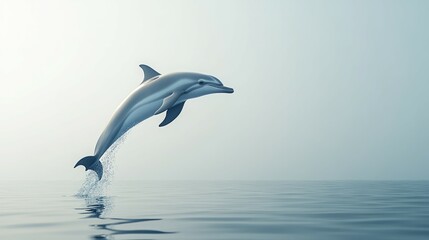 A dolphin leaps gracefully from calm waters against a serene, misty background.