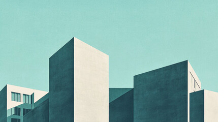 Modern minimalist skyline featuring simplified neo brutalist architecture against a clear sky