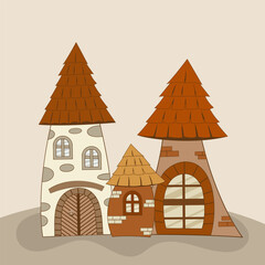 Cute gingerbread houses set with decorations, ornaments and gingerbread people. Christmas cookies and candies. Stock vector illustration collection