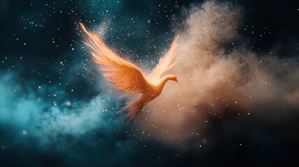 An elegant bird-like figure gracefully flies through a mix of luminous blue and orange space dust, symbolic of freedom, hope, and serenity within the universe.