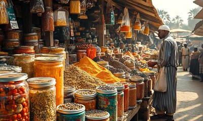 Vibrant spice market filled with jars of colorful spices and herbs.