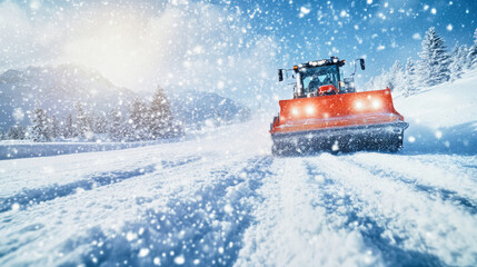 Snow plow clears a highway during heavy snowfall in winter landscape