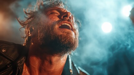 A dramatic capture of an artist absorbed in performance, surrounded by smoky ambience, illuminating deep passion and raw emotional expression on stage.