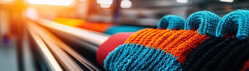 Colorful knitted hats displayed on a rack, showcasing vibrant patterns and textures in a creative environment.