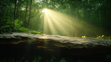 A serene scene capturing sunlight streaming through a dense forest canopy, creating a tranquil and peaceful ambiance that envelops the entire landscape in warmth.
