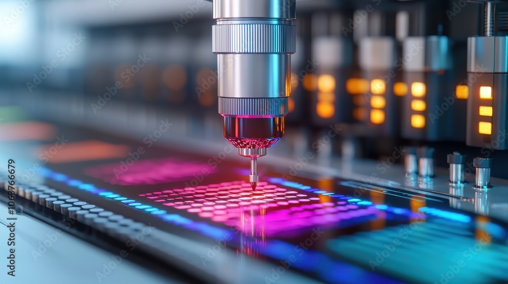 Poster close-up of a precision laser cutting machine in action, showcasing vibrant colors and intricate det
