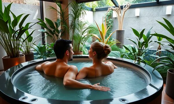 Relaxing couple enjoys a serene soak in a tropical hot tub surrounded by lush greenery during a carefree afternoon retreat