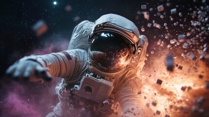 A detailed view of an astronaut in space gear, surrounded by flying debris and echoes of distant explosions, creating a dynamic and intense space scene.