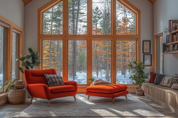 scandinavianstyle living room featuring a cozy accent red armchair minimalist decor large windows allowing natural light to stream in and a serene atmosphere inviting relaxation