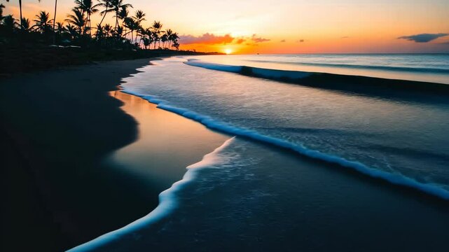 The sun sets over a calm beach, casting a warm glow on the waves and the silhouetted palm trees