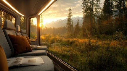 A modern train interior showcases a breathtaking sunrise view through large windows, revealing a...