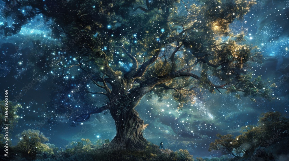 Poster in the center of the garden a giant tree grows its branches reaching towards the stars as if trying 