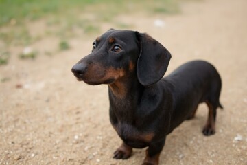 Loyal Dachshund Standing Alertly on Earthy Pathway, Eyes Focusing on Distant Interest, Curiosity Prevailing