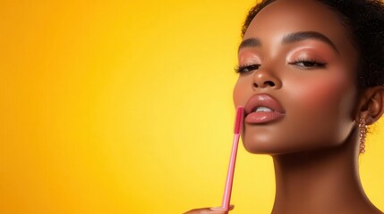 A close-up of a model with beautifully lush lips softly held against a pink makeup applicator, in front of a vibrant yellow background, highlighting beauty.