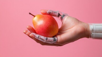 A blend of human and robotic technology, this hand holds a vibrant red and yellow pear against a soft pink background, showcasing innovation in design.