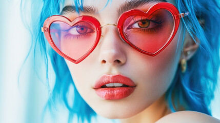Fototapeta premium Model with vibrant blue hair and red heart-shaped glasses poses against a soft background