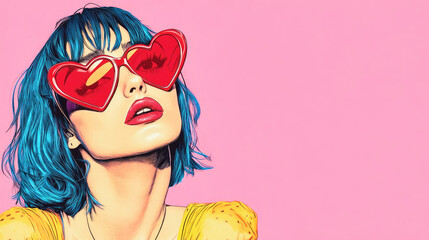 A woman with blue hair in heart-shaped sunglasses poses against a vibrant pink background