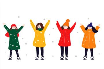 Obraz premium Four girls are standing on ice skates and are wearing colorful coats