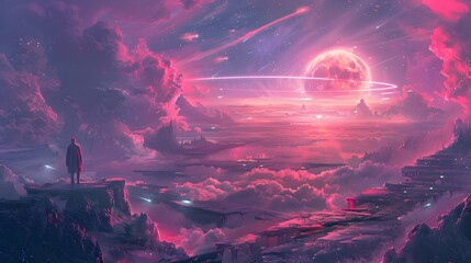 Surreal Fantasy Landscape with Glowing Moon and Silhouetted Cliffs