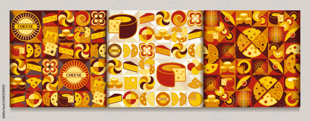Aufkleber seamless patterns with icons of cheese, abstract shapes in flat simple geometric style. mosaic backg