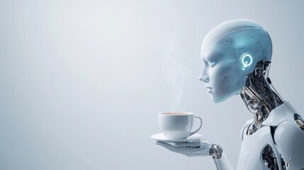 A humanoid robot takes a moment to enjoy a cup of coffee during a busy conference. The robot, a symbol of technological advancement, enjoys a simple pleasure, highlighting the human aspects of artific