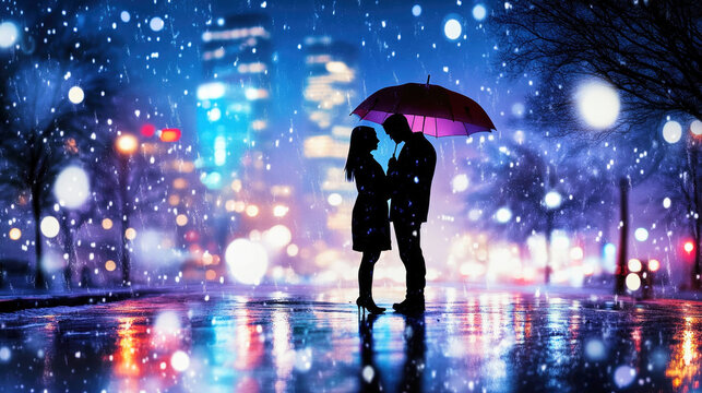 A couple enjoys a romantic walk under an umbrella on snow-covered streets in the city at night